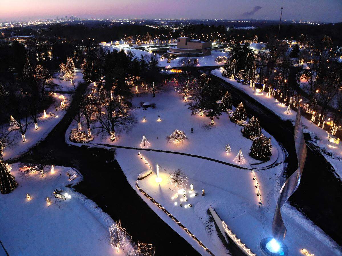 The snow illuminates the Shrine of Our Lady of the Snows and the 50th Annual Way of Lights Christmas display in 2019. 