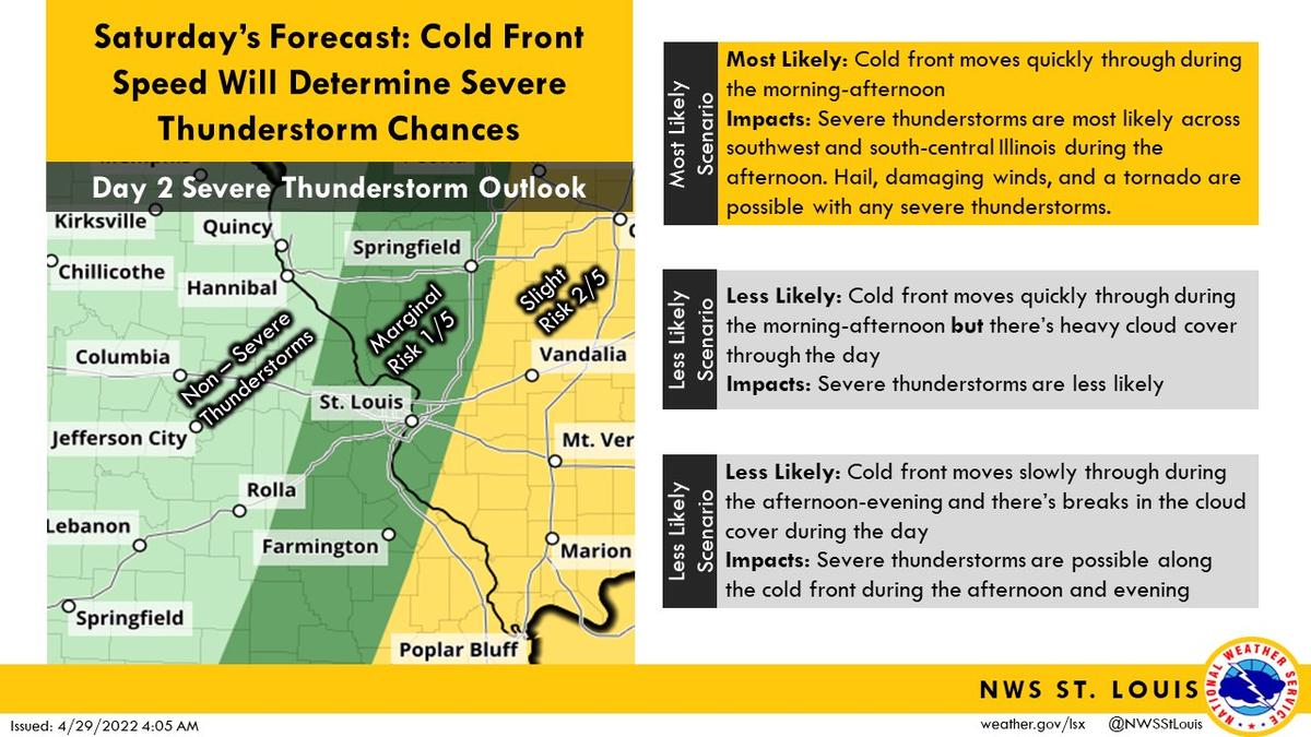 Severe thunderstorms capable of producing large hail and damaging winds could be headed for the metro-east Saturday. Brad Charboneau, a meteorologist with the National Weather Service of St. Louis, also said he could not rule out the possibility of a tornado or two developing from the system.