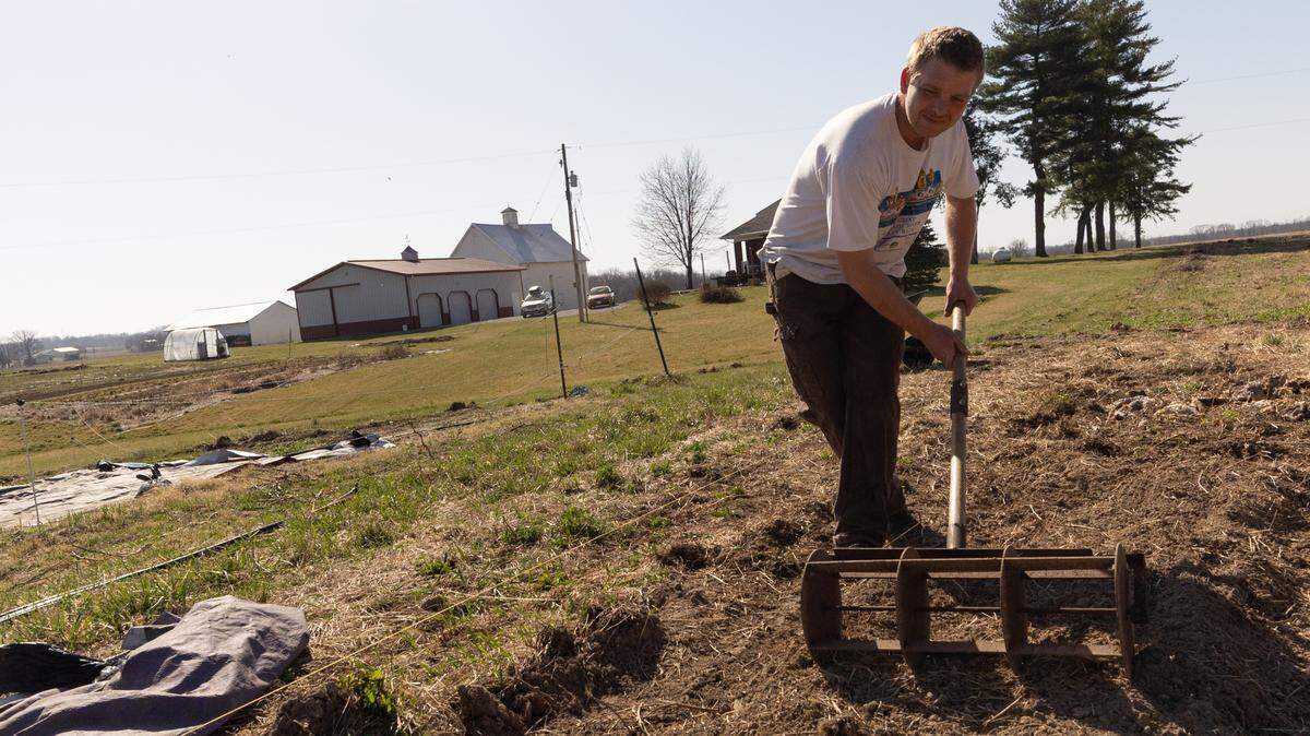 Ben Stumpf, owner of Rumblin’ Ernie Farm in Columbia, hand-plows a field during the phase of spring sewing. Most of Stumpf’s tools are hand-operated. But a federal Local Food Purchase Assistance Cooperative Agreement Program grant allowed him to purchase some tractor implements.