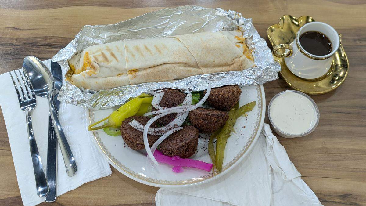 The vegan Saujok, falafel and Turkish coffee at AJ’s Mediterranean Café and Tanuki Cakes