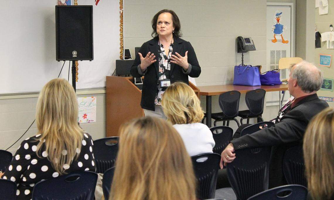 Illinois State Superintendent of Education Carmen Ayala speaks at an Illinois Association of School Administrators meeting in Normal last May.
