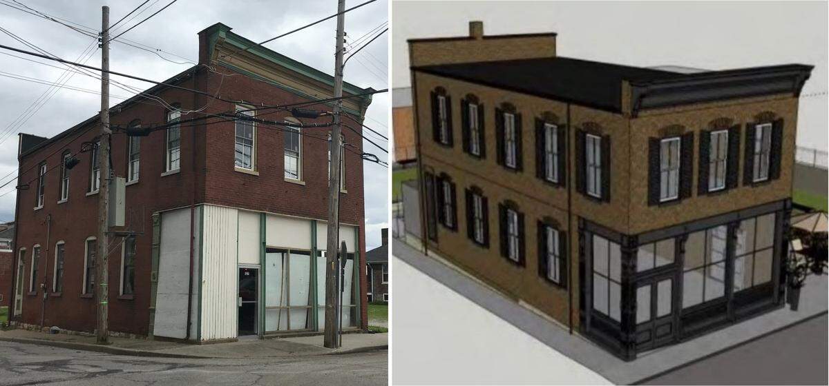 Developer Kathy Mordini is in the process of buying the 1887 storefront at 127 Mascoutah Ave. in Belleville. An artist rendering at right shows what it’s expected to look like after renovations.