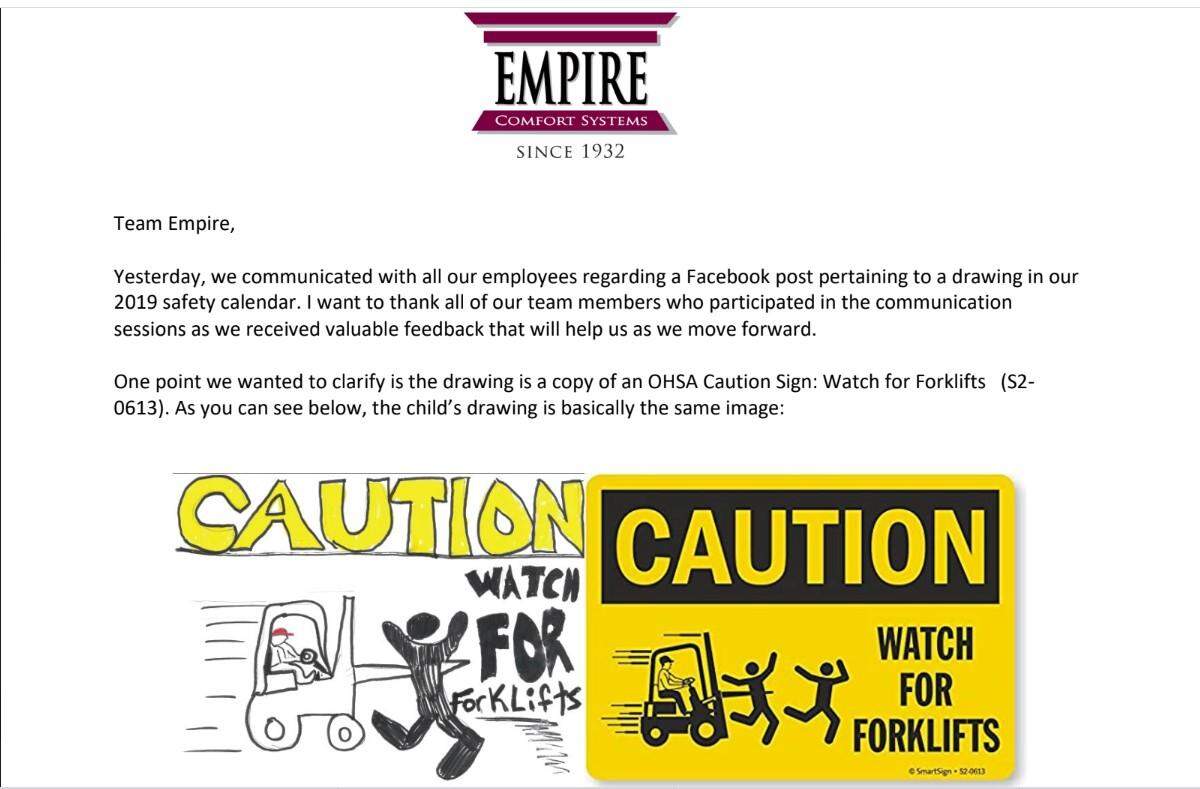 A letter from President Nick Bauer to employees of Empire Comfort Systems in Belleville shows the original sign, right, and a child’s drawing that appeared in a company calendar. Some people have called the image “racist.”