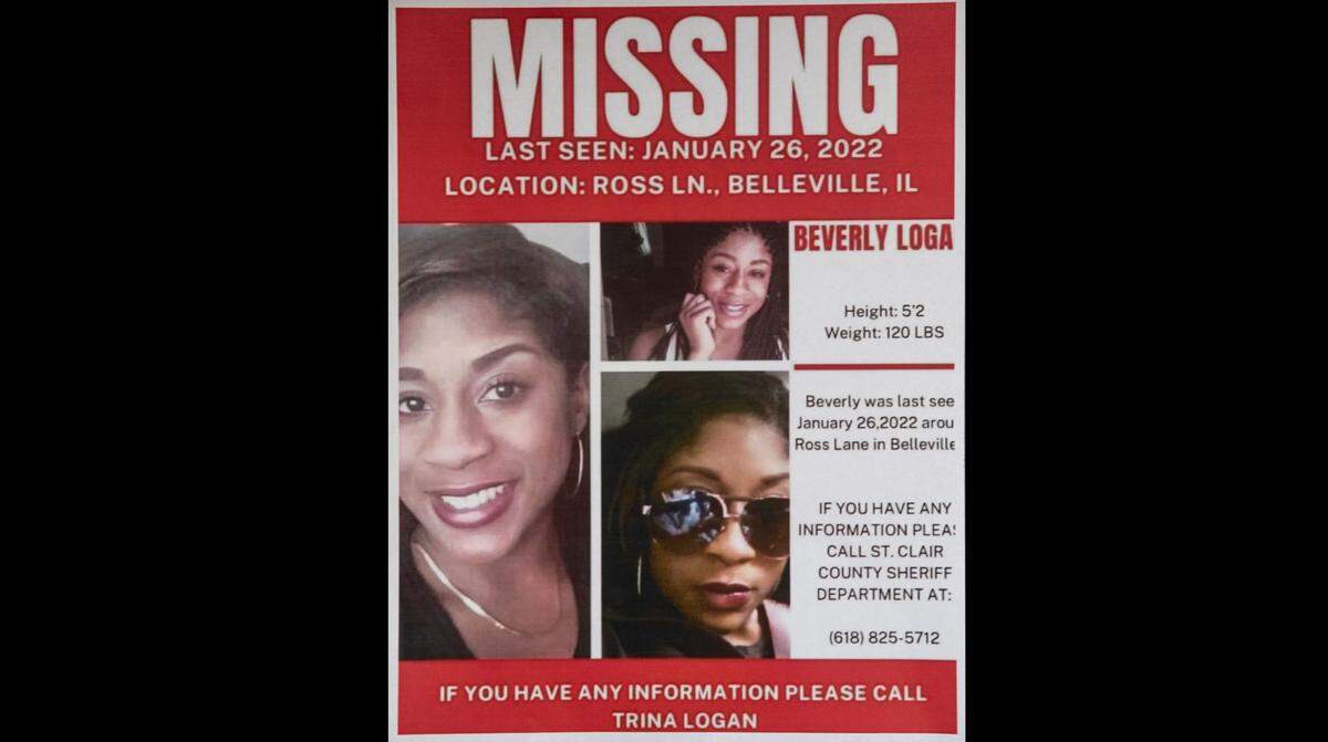 Missing person poster for Beverly Logan, she was last seen on January 26, 2022 around Ross Lane in Belleville, Illinois. If you have any information please contact the St. Clair County Sheriff’s department at 618-825-5712