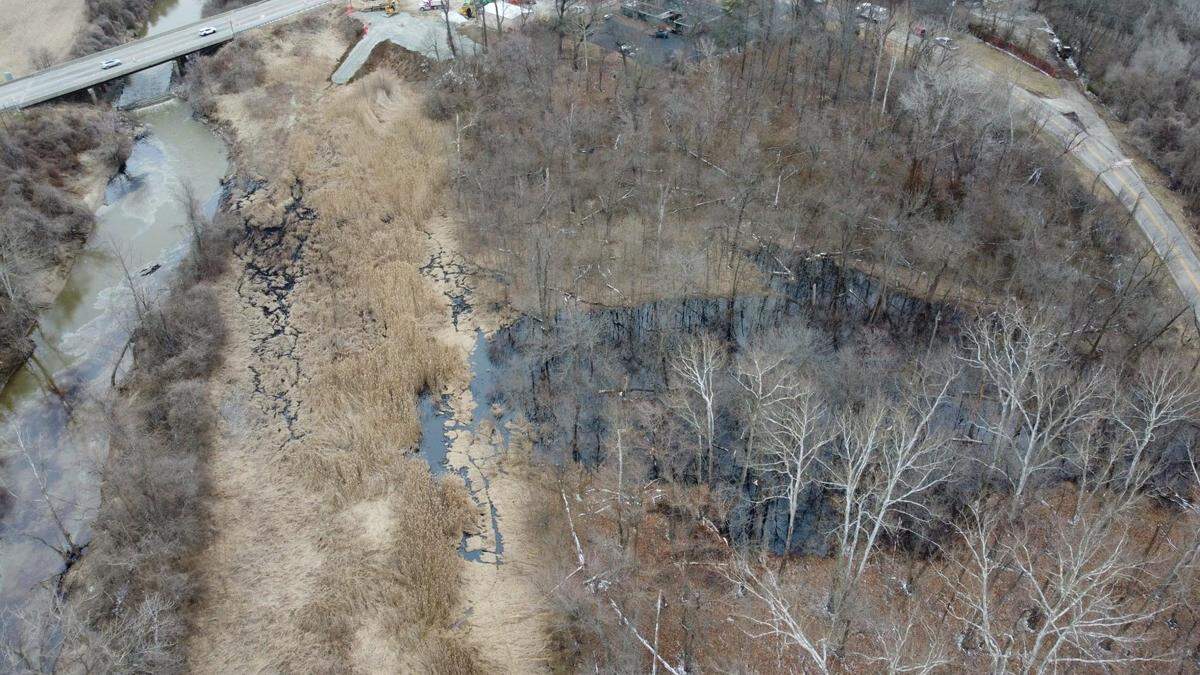 An Edwardsville pipeline operated by energy company Marathon Pipe Line leaked oil on Friday, March 11, 2022, some of which flowed into Cahokia Creek. A citizen captured this image of the creek and surrounding area with a drone camera at 5 p.m. Friday.