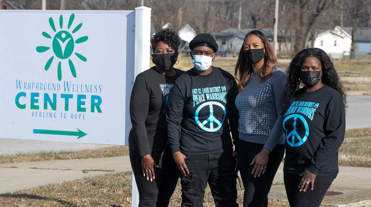 East St. Louis School District 189 is expanding its trauma counseling services to evenings and weekends by creating the Wraparound Wellness Center. The new center will expand the district’s trauma counseling services and will be available outside of school hours and feature more direct engagement with students’ families and communities. Left to right, Barbara Taylor, Diamond Williams, 17, Tiffany Gholson, and Catrice Johnson. Gholson is leading the project with a variety of team members including, the peace warriors she is pictured with. The peace warriors are a district 189 group that already offers peer support and it will be expanded with the opening of the new center.