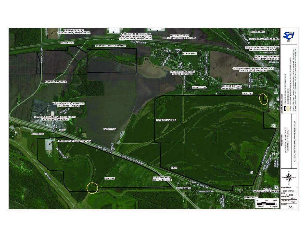 This map created for America’s Central Port District’s state grant application related to a 2024 land purchase in the Granite City area shows landmarks near the property, including the Lewis and Clark State Historic Site and residential areas.