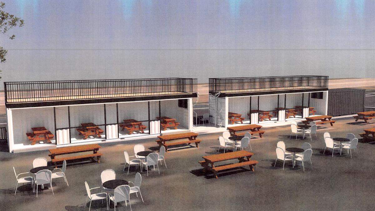 Rendering of Soulcial Kitchen’s new covered seating made from converted shipping containers