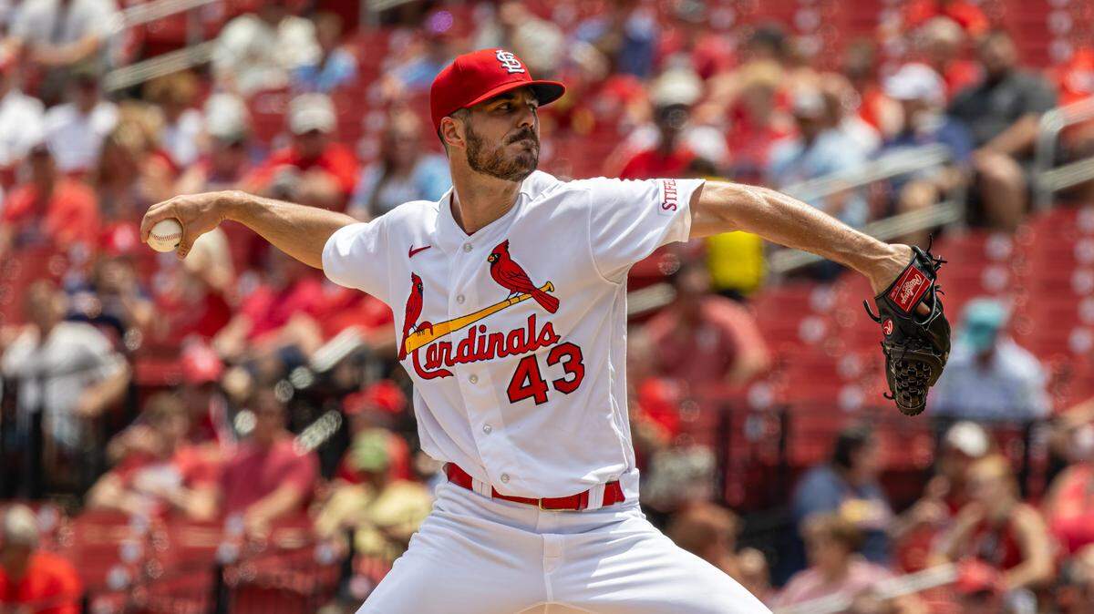 July 19, 2023 - St. Louis Missouri, IL - St. Louis Cardinals Dakota Hudson delivers a pitch during a game between the St. Louis Cardinals and the Miami Marlins on July 19th at Busch Stadium. [Photo: Jimmy Simmons]