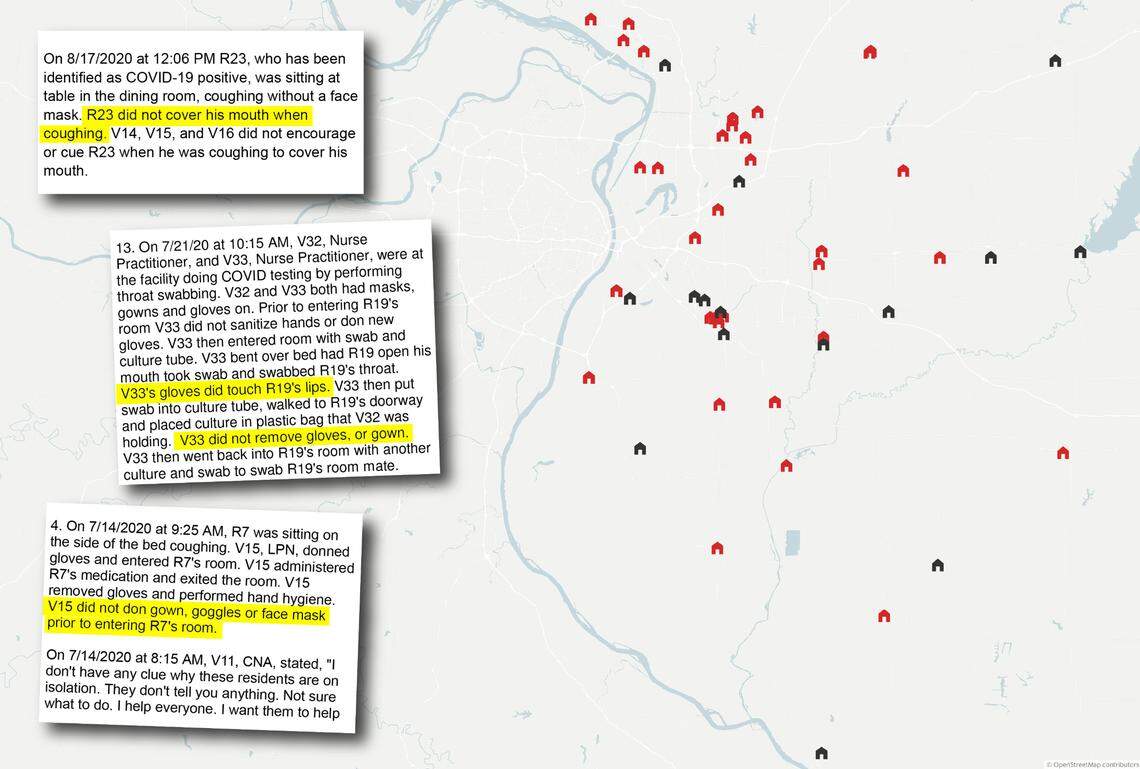 The Belleville News-Democrat analyzed government inspection reports on all 48 nursing homes across southwestern Illinois. The 33 nursing homes that inspectors said violated infection standards during the coronavirus pandemic are colored red. Portions of some of their reports are shown in this illustration. Map created with Datawrapper