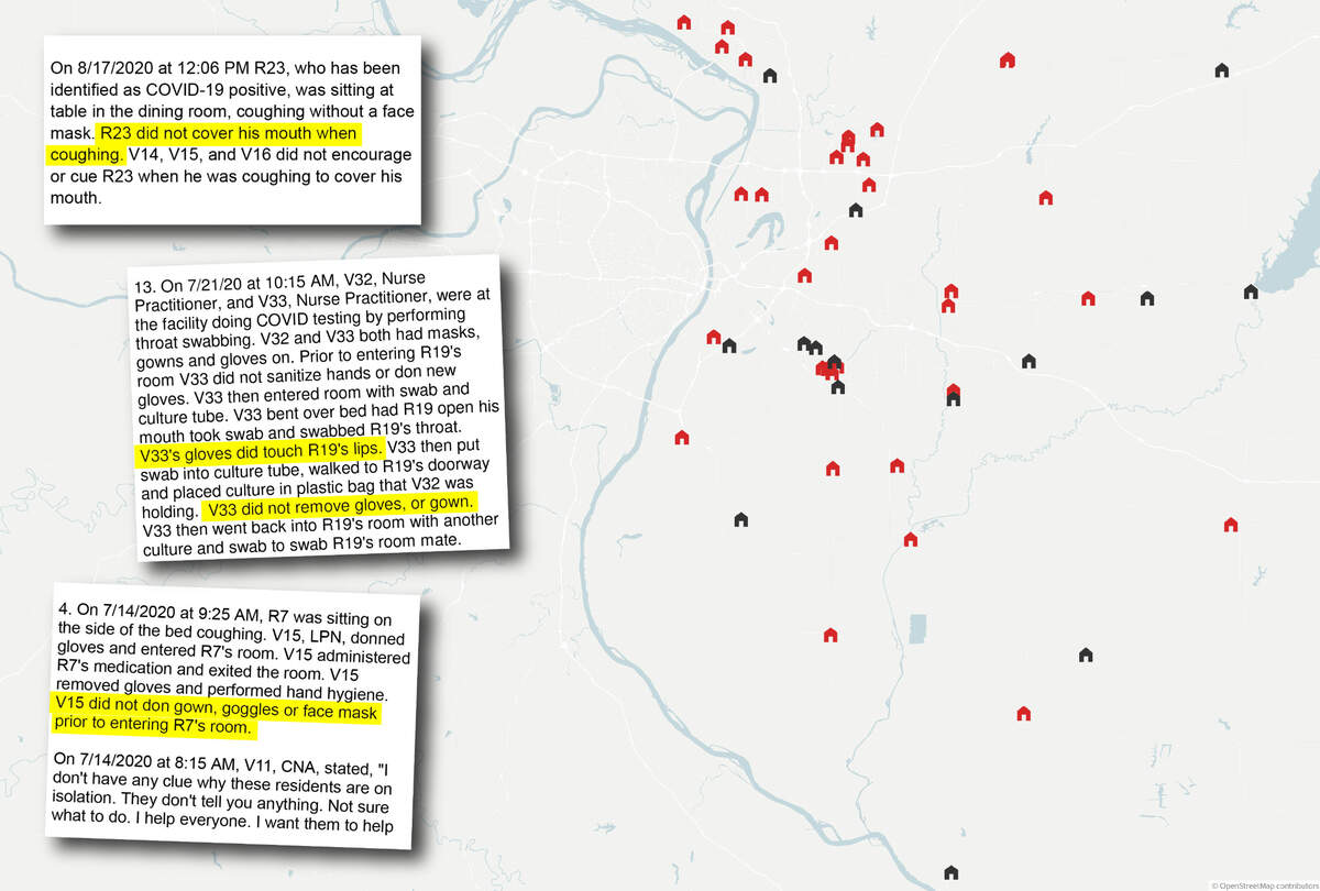 The Belleville News-Democrat analyzed government inspection reports on all 48 nursing homes across southwestern Illinois. The 33 nursing homes that inspectors said violated infection standards during the coronavirus pandemic are colored red. Portions of some of their reports are shown in this illustration. Map created with Datawrapper