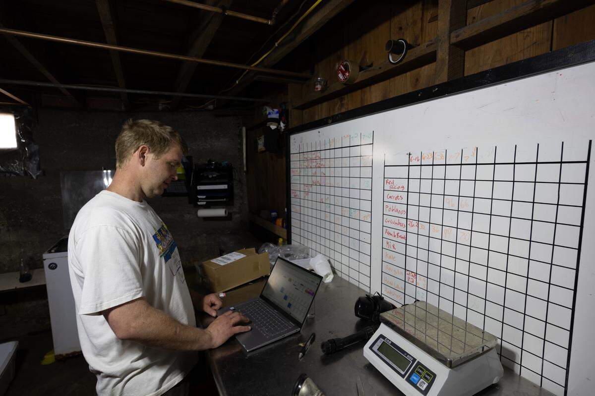 Ben Stumpf, owner of Rumblin’ Ernie Farm in Columbia, checks his planting calendar software inside his farm’s basement, where he also grows microgreens and seedlings. “We’re pretty DIY here,” Stumpf said, “but we manage it pretty well.”