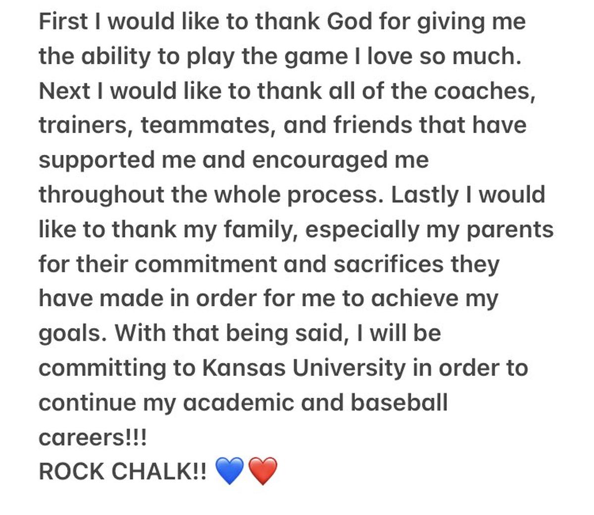 Here is Dominic Voegele’s Twitter announcement about attending Kansas University to continue his outstanding baseball career.