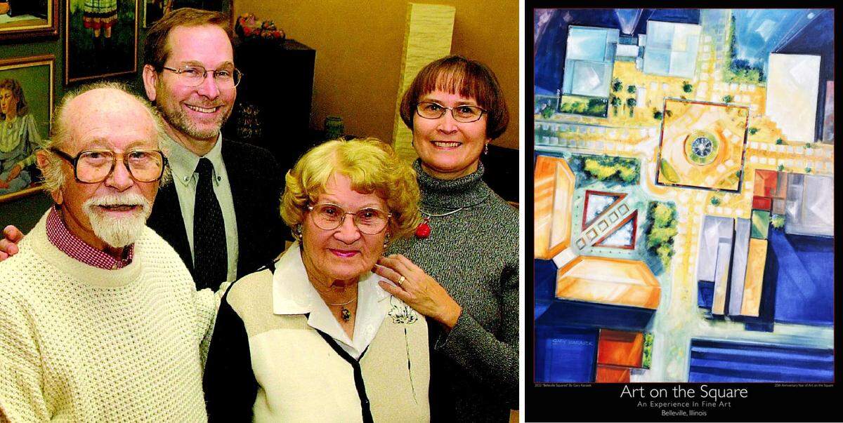 Gary Karasek, a Swansea-based architect and artist, designed this year’s Art on the Square poster, right. That makes the sixth time in 20 years for the Karasek family. Left to right are Ed, Gary, Helen and Carolyn, pictured in 2003.