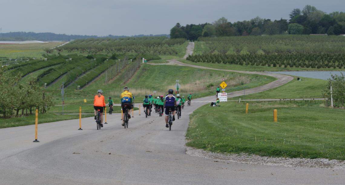Riders in the Tour de Belleville head through an orchard at Eckert’s on Saturday.
