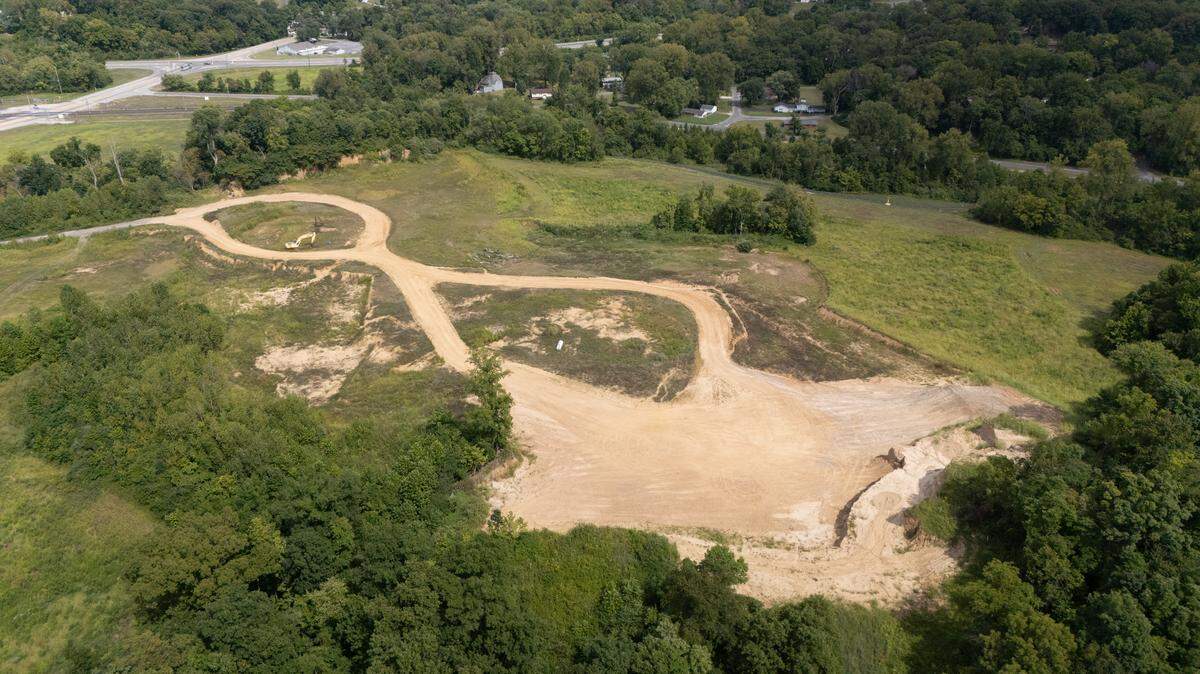 This drone image shows a borrow pit that is partially on Ray LaFore Truck Service property and partially on Mount Carmel Cemetery land that the company leases from the Catholic Diocese of Belleville.