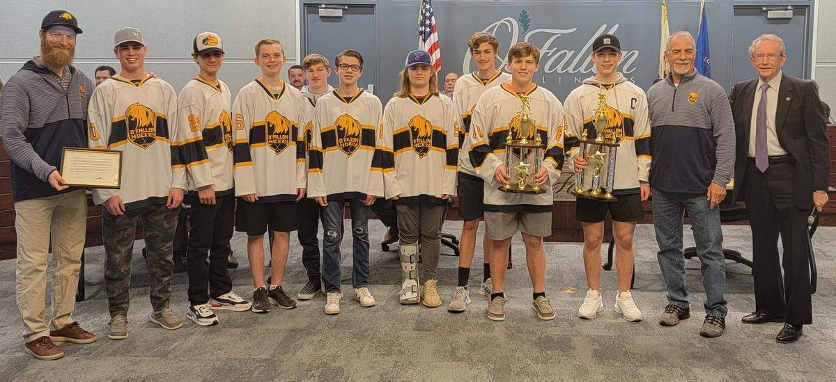 The city honored the O’Fallon Township High School JV South Hockey Club team Monday, March 21, for sweeping the Mississippi Valley Club Hockey Association playoffs, earning the Silver Division trophy, with 7 wins, 0 losses, 1 tie and 2 shootouts. Club coaches and players received a proclamation from Mayor Herb Roach for their “teamwork, dedication and talent.” The team won the Silver Division regular season championship trophy, too.