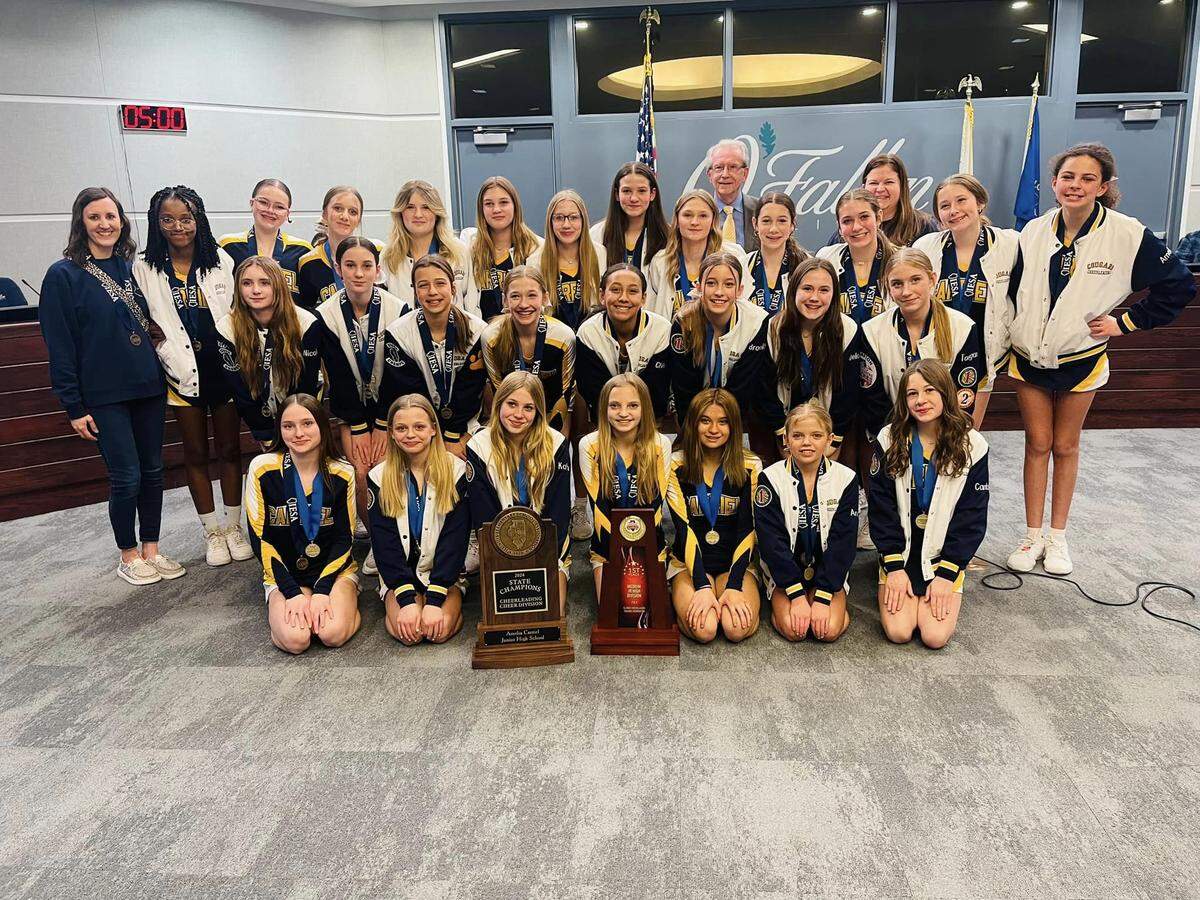 Pictured: Front Row - Morgan King, Kayla Williamson, Kathryn Martin, Mikaella Moreland, Maddy Morgan, Andie Brown, Cambree York; second row - Nicole Hammond, Hannah Jenkins, Elissa Palmer, Arden Stock, Cloe White, Brooklyn Emmons, Delaney Klier, Taegan Derickson; third row - Coach Klier, Gabby Mitchom, Lorali Lesker, Jovie Flynn, America Ramos, Elliana Wear, Lyla Keller, Adalyn Brooks, Lucy Cope, Lyla Venable, Elizabeth Seipp, Peyton Swan, Amelia Roustio; last row - Mayor Roach, Coach Joni