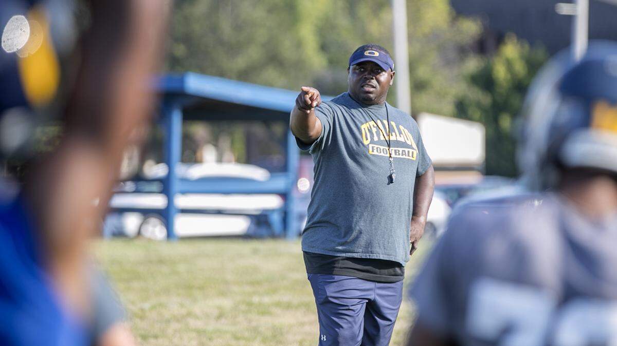 This file photo from 2019 shows Byron Gettis during a practice session with the O’Fallon Township High School Panthers football team.