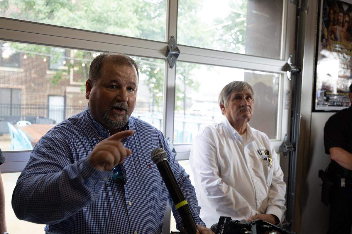 Granite City Mayor Mike Parkinson speaks during a rally for steelworkers on Saturday. Parkinson urged President Trump to call him or visit Granite City to meet with residents who are affected by recent developments.