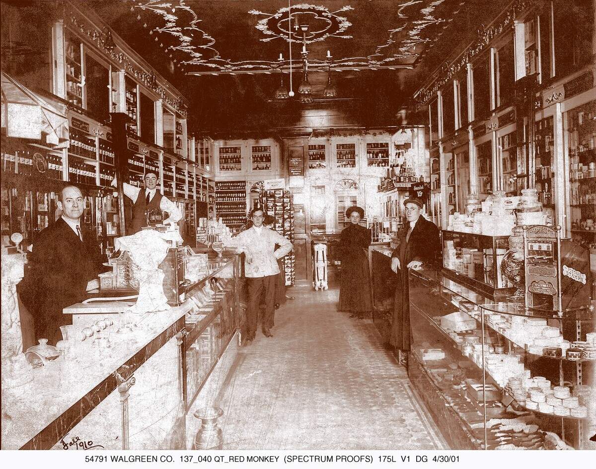 Walgreens’ first stores were brighter and had wider aisles than competing pharmacies of the time. This store is circa 1910.