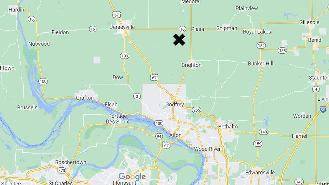 An X marks the location of a fatal crash involving a farm utility vehicle and an SUV on Monday in Jersey County. The Illinois State Police identified the two drivers and one passenger on Wednesday.