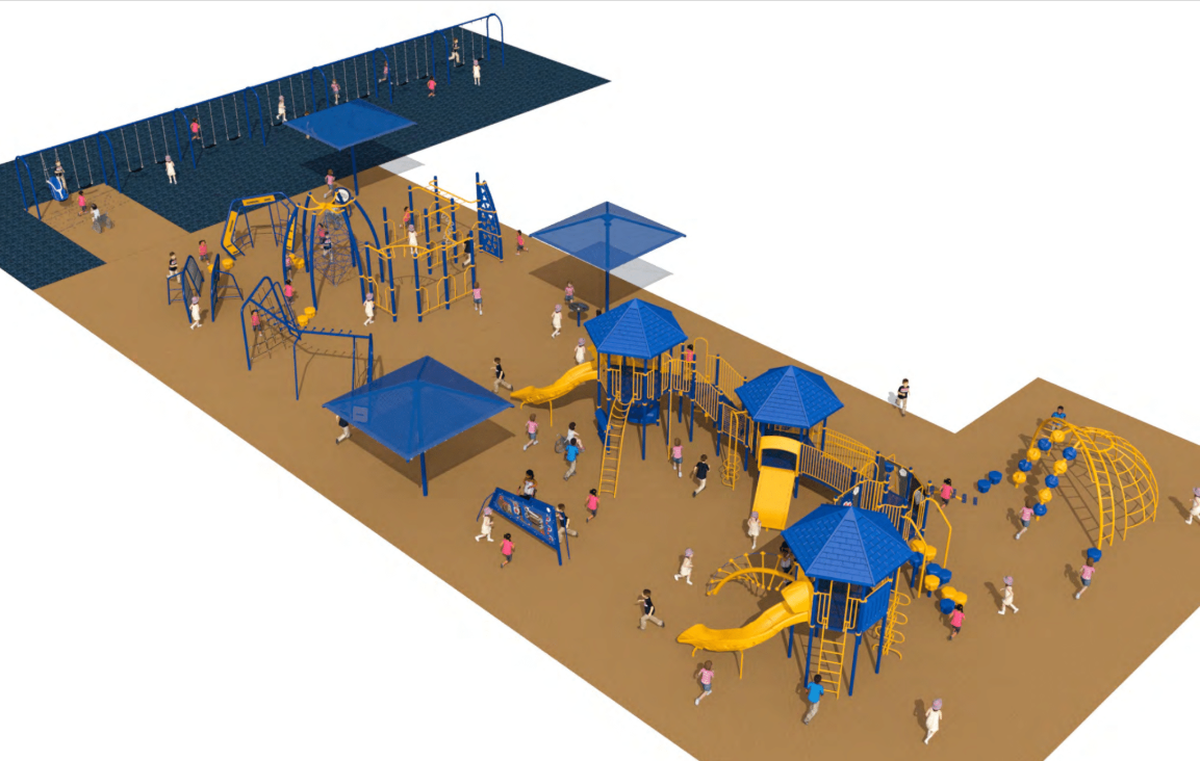 A rendering of Kampmeyer Elementary’s playground improvements coming in fall 2025. New features include interactive panels, a ninja fitness course, upgraded playstructure and more.