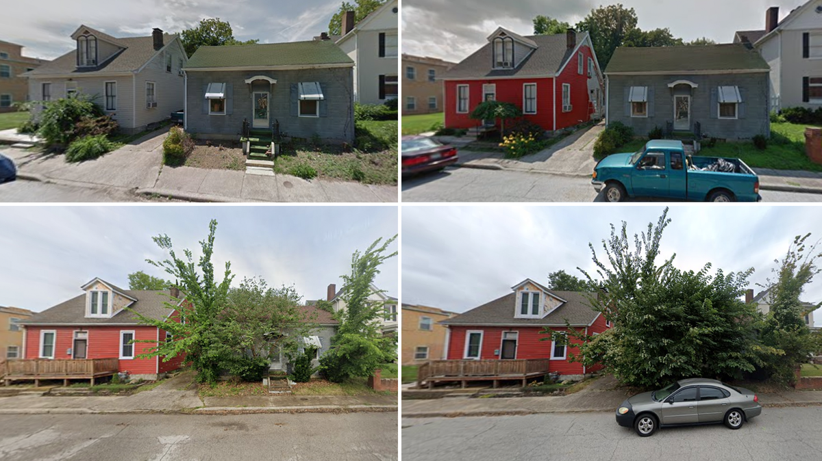 Changes at two houses at 213 and 217 N. Jackson St. in Belleville are captured in Google Street View images in recent years. Images in the top row, from left to right, were taken June 2013 and June 2015. Images in the bottom row, from left to right, were taken May 2023 and October 2023.