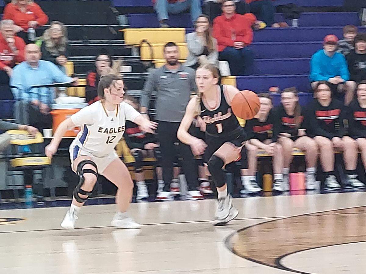 Highland guard Lauren Maas works the ball off the dribble in the backcourt against Civic Memorial’s Aubree Wallace during a Mississippi Valley Conference game Thursday, Feb. 9, at Civic Memorial High School. The Lady Bulldogs ultimately prevailed 47-35 and, in the process, clinched the league crown.