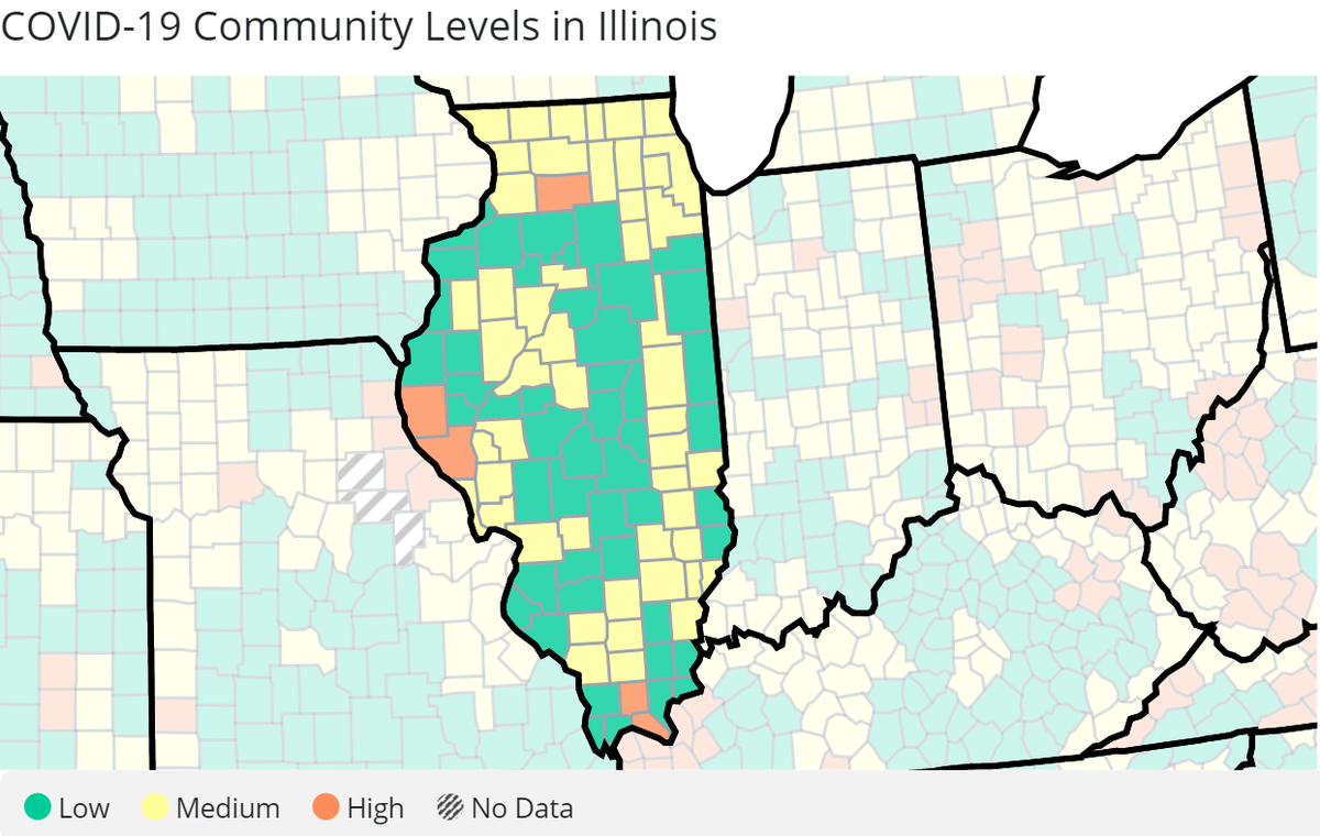 Here are Illinois’ latest COVID-19 community levels, according to the U.S. Centers for Disease Control and Prevention.
