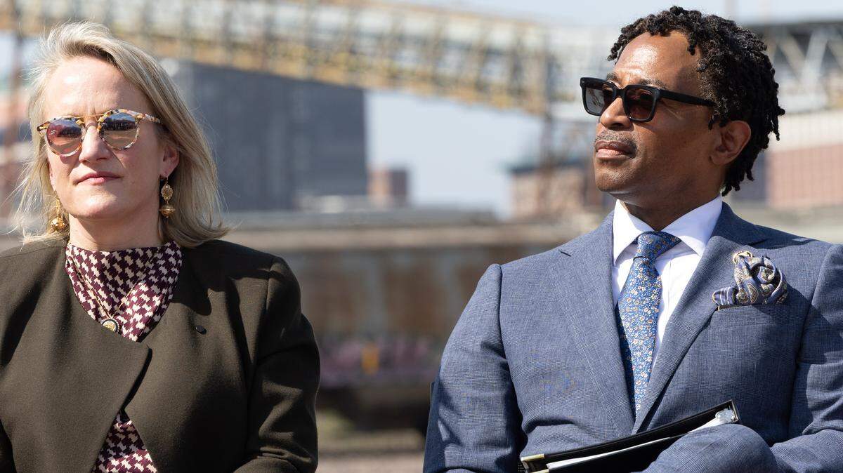 U.S. Representatives Nikki Budzinski (D- Illinois) and Wesley Bell (D-Missouri) sit through a news conference at Malcolm W. Martin park in East St. Louis about a proposed expansion of Gateway Arch National Park.