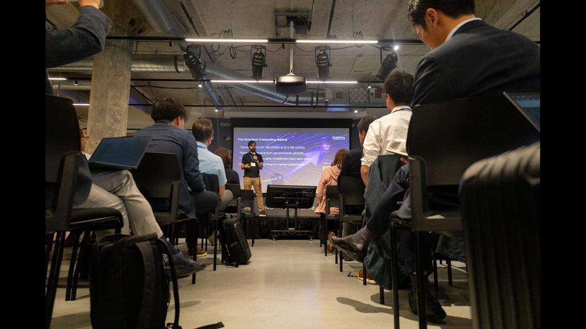 Manish Singh, co-founder and CEO of quantum tech company memQ, speaks to representatives of dozens of Japanese quantum businesses at a June 10 event in Chicago.