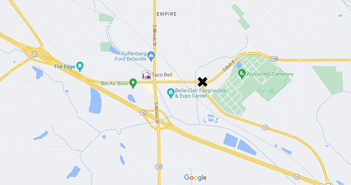 The city of Belleville hired Kaskaskia Engineering Group in 2011 to design a roundabout at South Belt East and Freeburg Avenue, marked by an X on this map, but its construction was postponed.