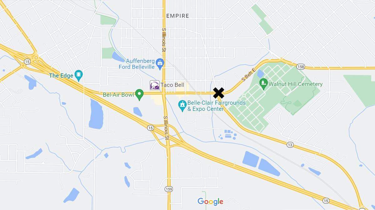 The city of Belleville hired Kaskaskia Engineering Group in 2011 to design a roundabout at South Belt East and Freeburg Avenue, marked by an X on this map, but its construction was postponed.