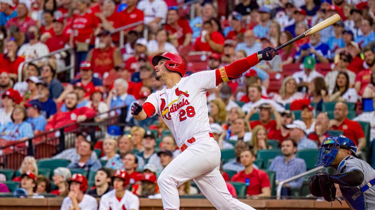 St. Louis Cardinals third baseman Nolan Arenado takes a swing during a game between the St. Louis Cardinals and the Kansas City Royals on Tuesday, May 29, at Busch Stadium. The Cardinals went on to post a 2-1 decision.