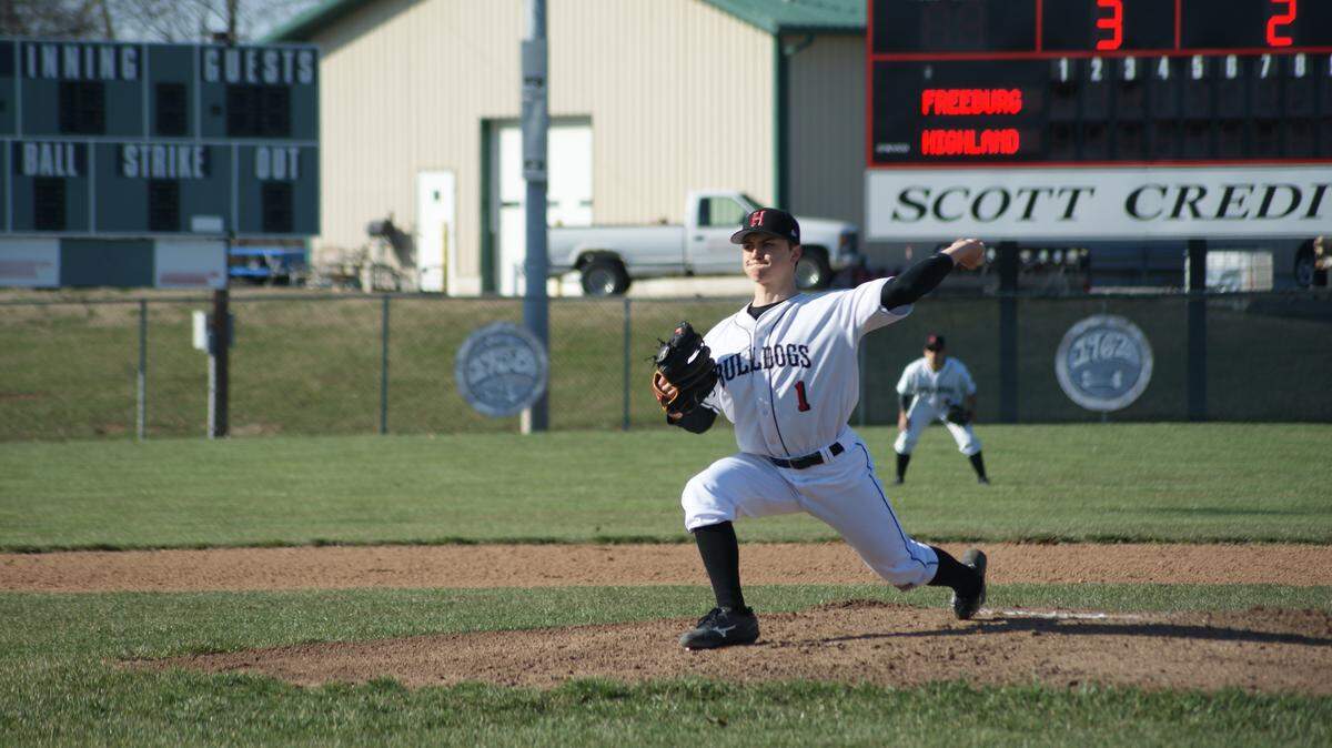 Highland senior Connor Pinsker threw a gem in the Bulldogs' 7-1 victory at previously unbeaten Mascoutah on Monday, April 16 after allowing only one earned run and striking out six in six innings.