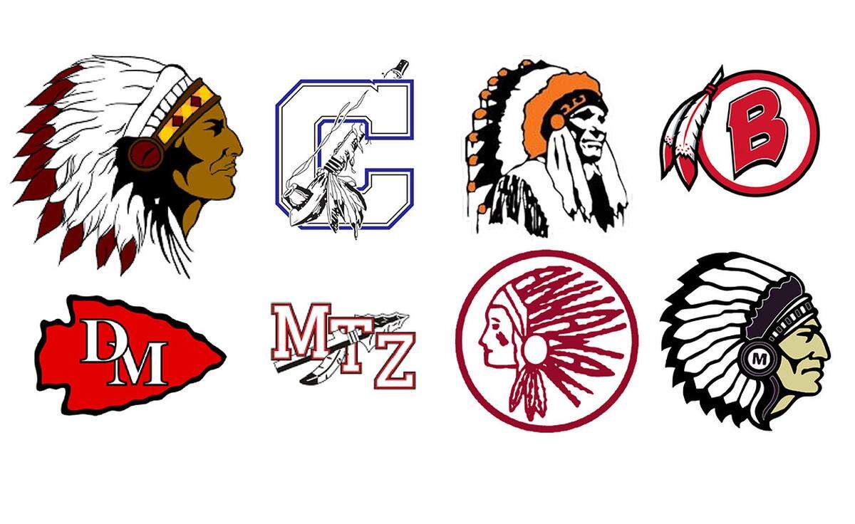 Dozens of Illinois schools could be forced to change mascots that feature Native American imagery or names because of a bill awaiting action in the Senate. From left to right, top to bottom: Logos for the Stockton Blackhawks, Calumet Indians, Altamont Indians, Bremen Braves, Deer Creek Chiefs, Mt. Zion Braves, Annawan Braves, Mascoutah Indians.