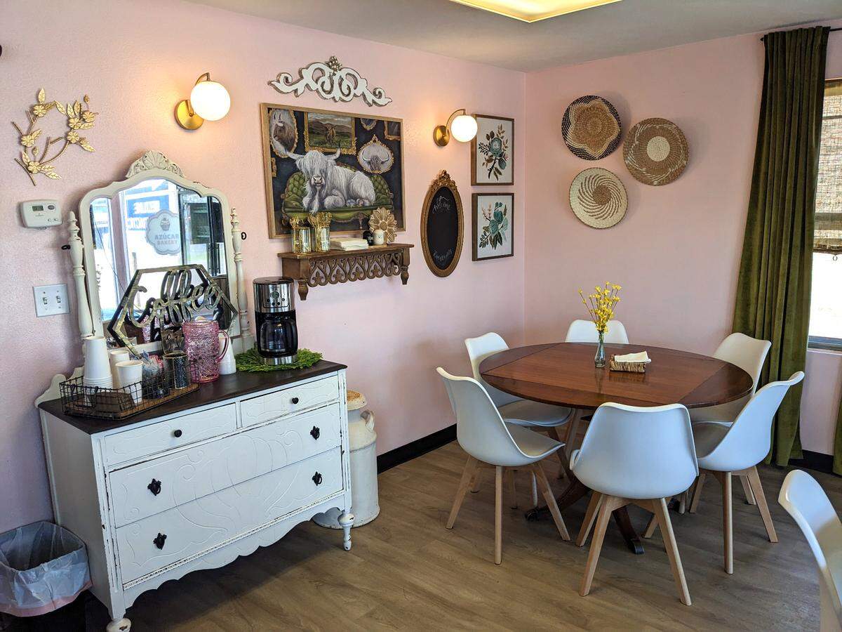 The coffee counter and sitting area at Azúcar, Old City Bakery, in Collinsville