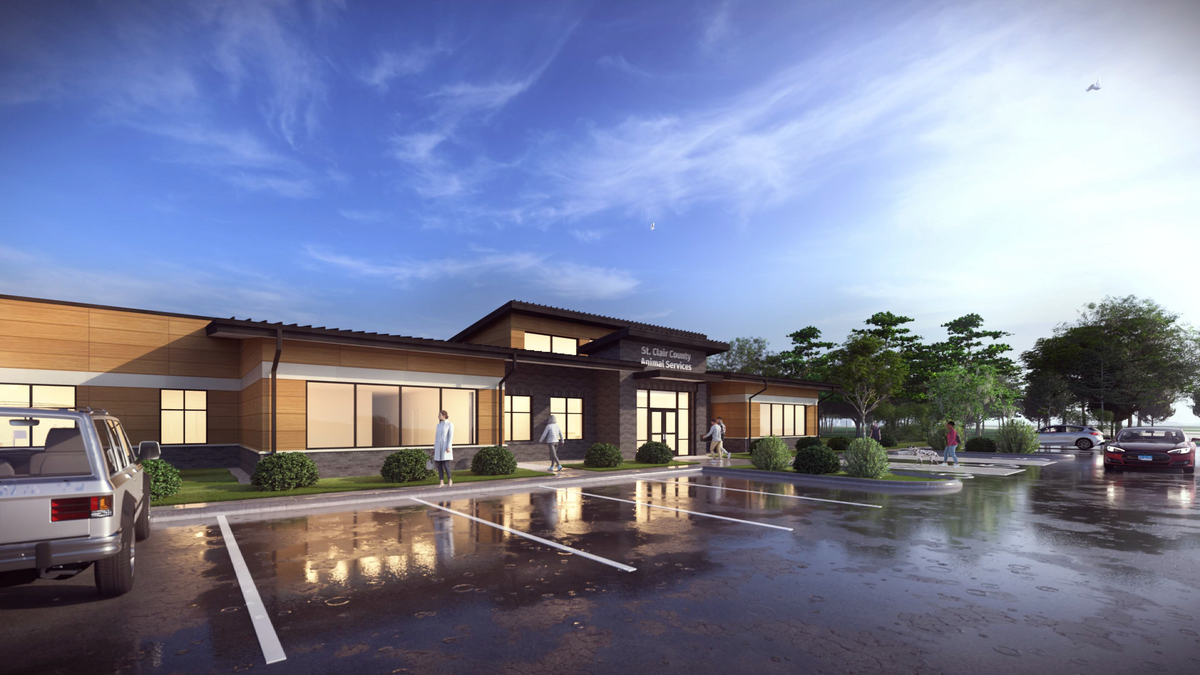 A Woolpert Architecture LLC rendering shows a view from the parking lot of the new St. Clair County Animal Control building.