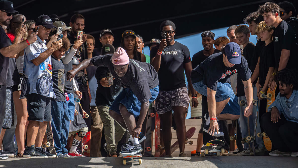 Alex Sorgente, left, professional skateboarder and event organizer, and Zion Wright, right, professional skateboarder, kick off the finals with a run during the Concrete Heats event at SkateBird Miami in Miami, Fla., on Sunday, June 21, 2026.