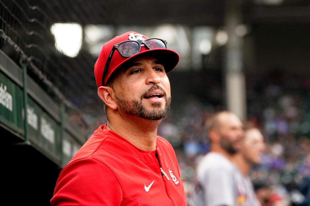 St. Louis Cardinals’ manager Oliver Marmol looks out from the dugout during a game against the Chicago Cubs last season. Marmol and the Redbirds pitchers are excited about what new pitching coach Dusty Blake brings to the table.