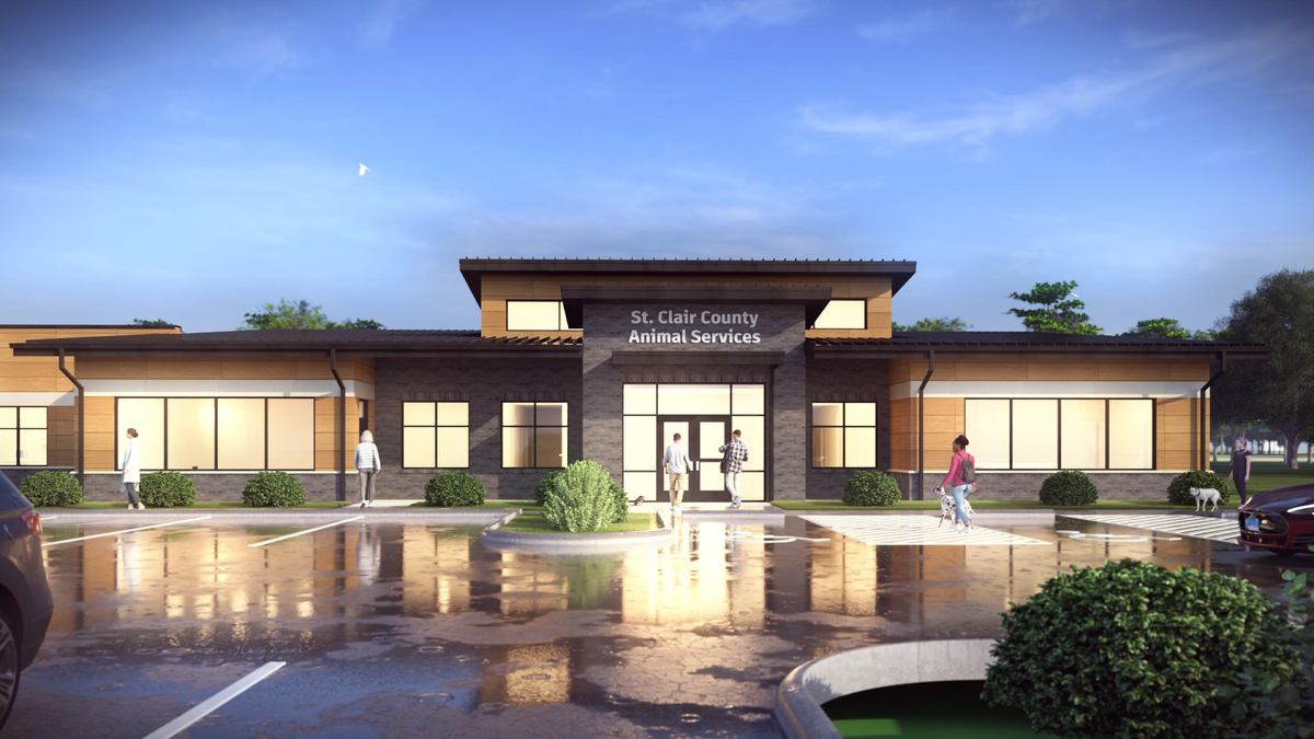 A Woolpert Architecture LLC rendering shows a view from the parking lot of the new St. Clair County Animal Control building.