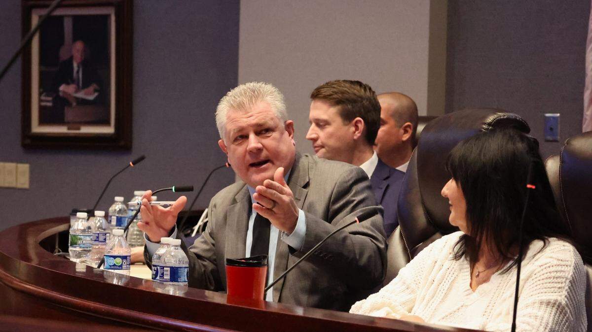 Madison County Regional Superintendent of Schools Robert Werden speaks alongside Chief Deputy Marcos Pulido, State’s Attorney Tom Haine and Mental Health Board Executive Director Deborah Humphrey at the 4th School Safety Summit in Edwardsville, Illinois, on Jan. 29, 2024.