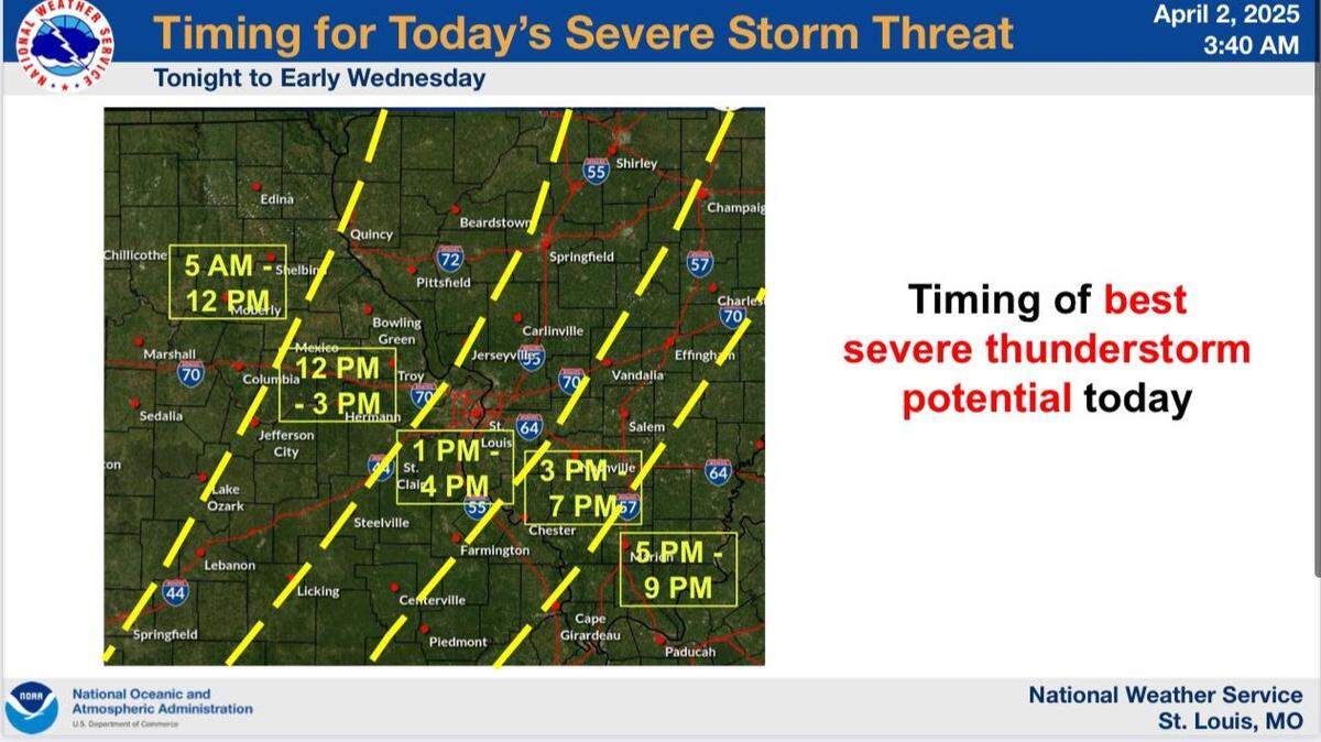 The National Weather Service released this map Wednesday to show the potential times for severe weather Wednesday afternoon.