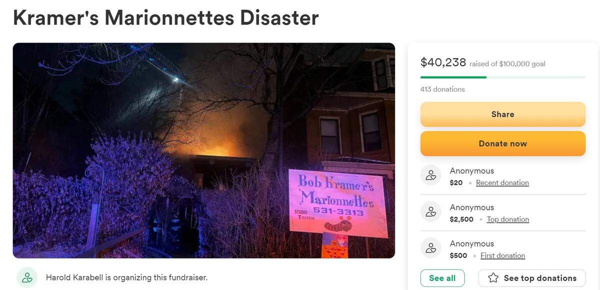 This photo on a GoFundMe page that is raising money for longtime puppeteer Dug Feltch shows the fire that eventually destroyed Bob Kramer’s Marionettes theater on Friday night in the Central West End of St. Louis.