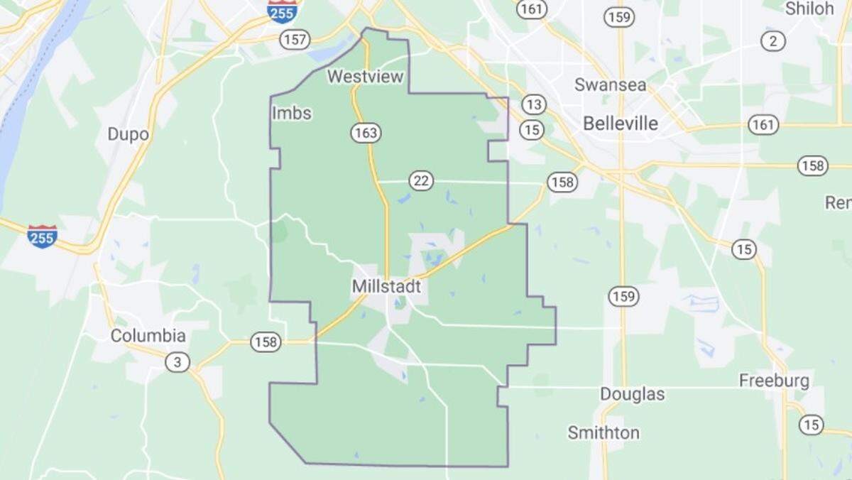 Voters in Millstadt Community Consolidated School District 160 (green) are being asked to join a library district now limited to the village of Millstadt (gray).