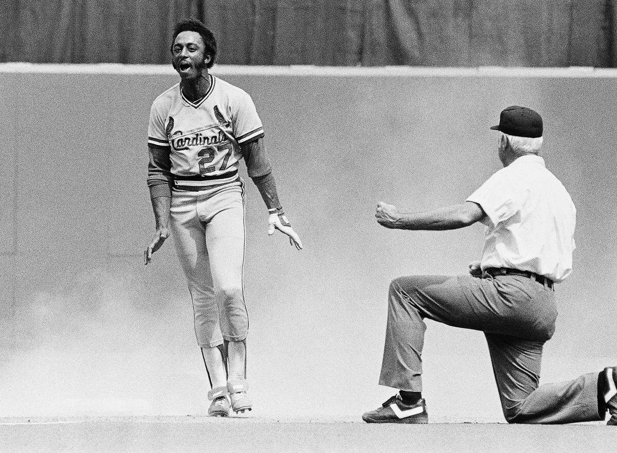 St. Louis Cardinals Lonnie Smith reacts to the umpire’s call after being forced out at second base is the sixth inning of a National League baseball game against the Philadelphia Phillies on Sunday, April 25, 1982. (AP Photo/Steve Falk)