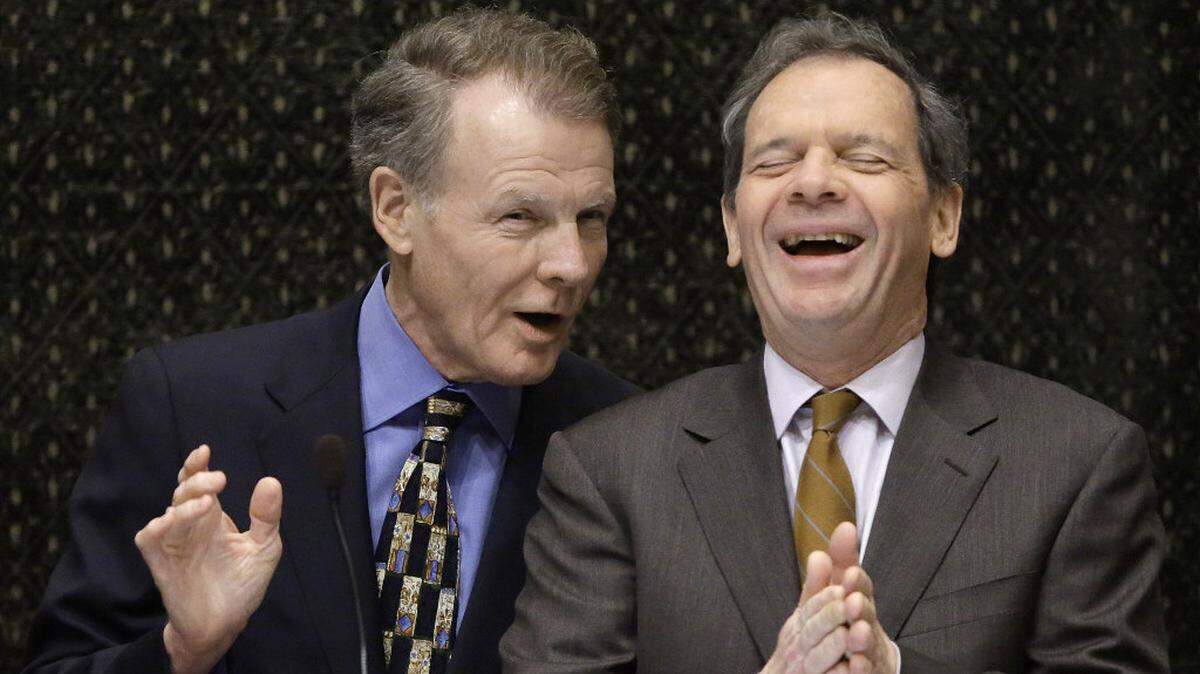 Illinois Speaker of the House Michael Madigan, D-Chicago, left, and Illinois Senate President John Cullerton, D-Chicago, right. State lawmakers a year ago promised to use a $5 billion tax hike to balance the budget. They didn't.