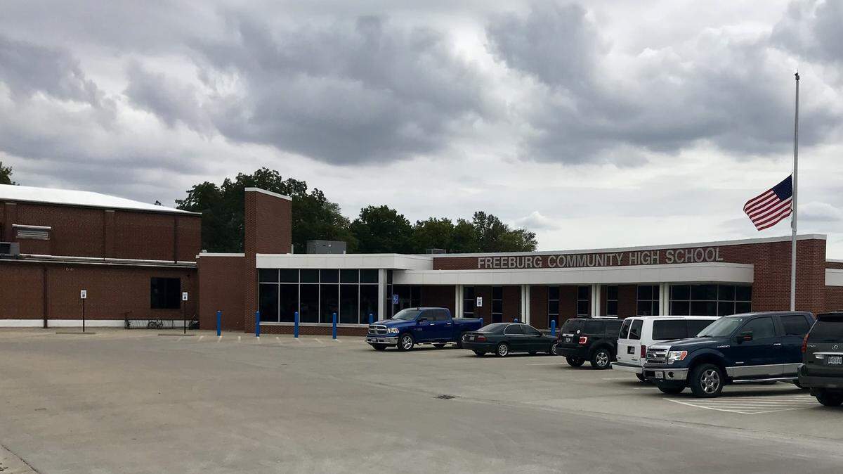 This 2024 file photo shows Freeburg Community High School, where Keith Mitchell served as band director for 36 years, ending with his retirement in 2012. He’s now in an Oklahoma jail.