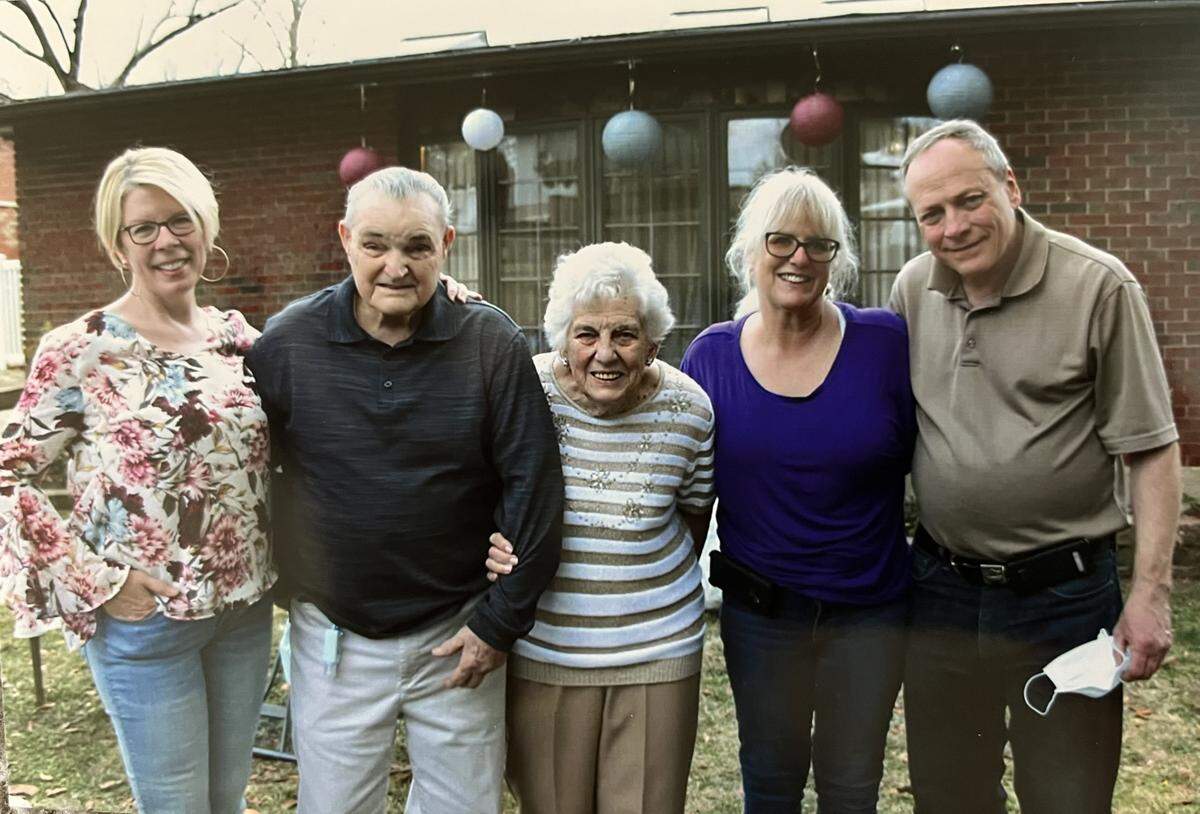 Bob and Marge Byerley, second and third from left, celebrated their 70th anniversary three years ago with their daughter, Michelle Byerley, left, their daughter, Rose Cronin, and Rose’s husband, Jerry Cronin.